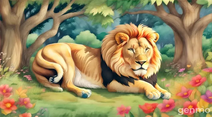 make a cartoon video of a lion sleeping peacefully under a tree in a bright forest