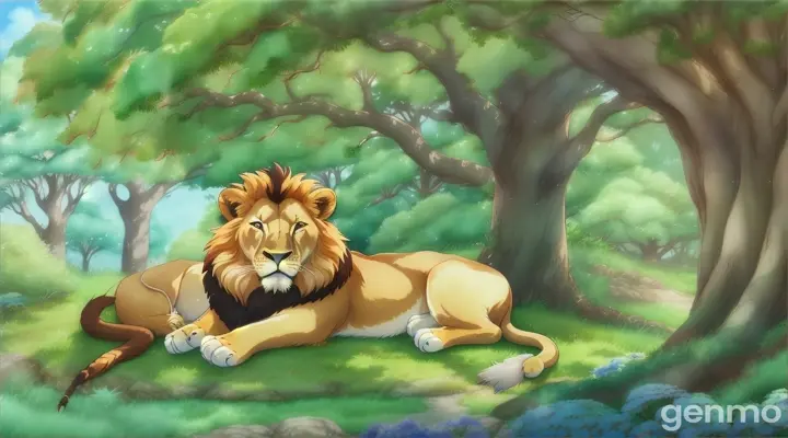 make a cartoon video of a lion with dark brown fur sleeping with eyes closed peacefully under a tree in a bright forest