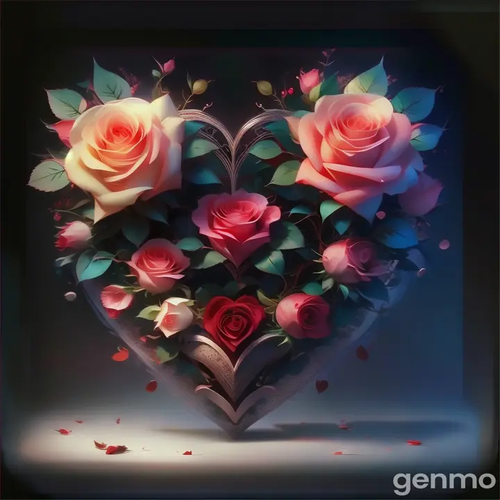 a heart shaped arrangement of roses on a dark background