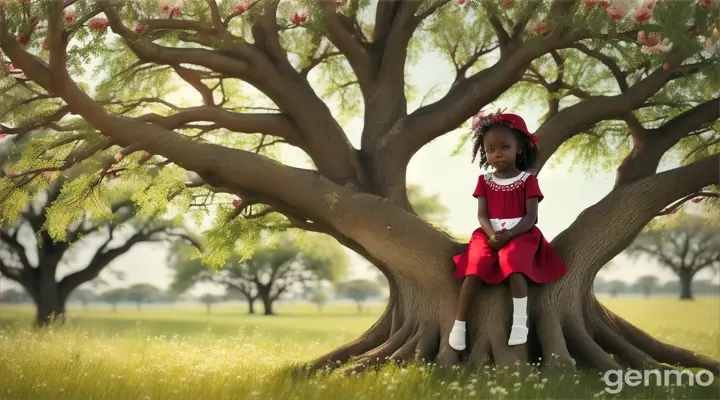 on a pure white background landscape of 16.9 .A pretty light in complexion 5-year-old African girl sitting under the oak tree as a red cardinal bird perches on the branch of the tree making a nest