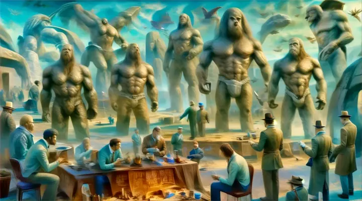 a painting of a group of people standing around a table