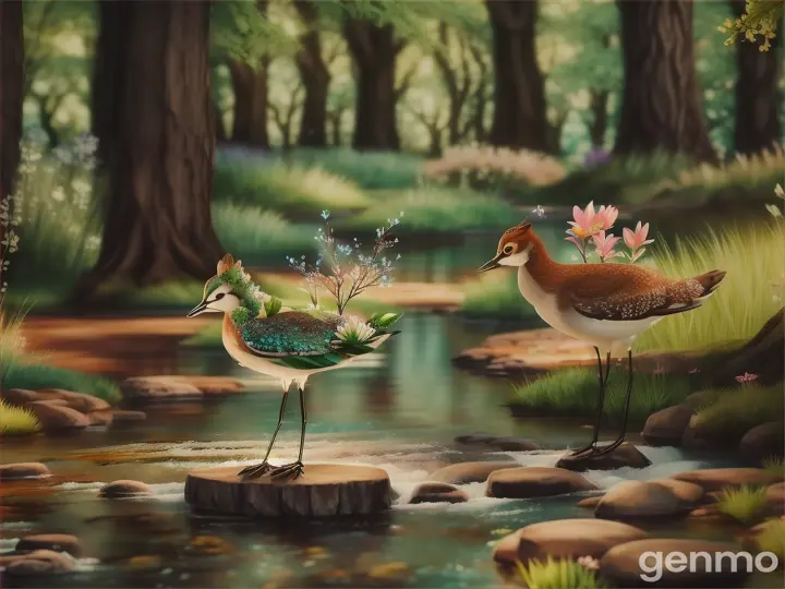 agua brotando de un manantial, en un bosque precioso lleno de naturaleza y flores, con animales realistas bebiendo del manantial.