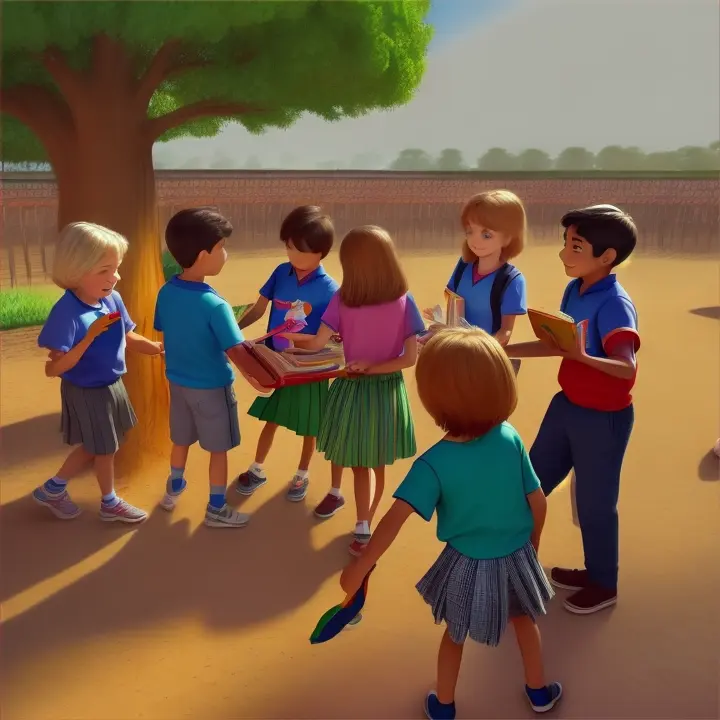 Scene: Growing and Learning
Description: The children are shown learning and growing together, helping each other with school projects, planting trees, and sharing books.
Characters: Children helping each other.
Objects: School supplies, saplings, books, Cartoons style, Pixar style, Disney style 