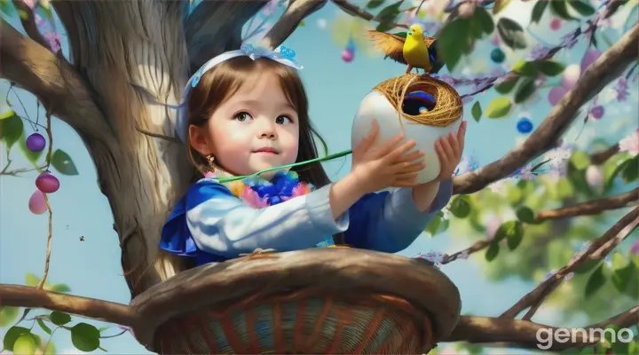 on a pure white background landscape of 16.9 . a little 5 year ol  pretty fair in complexion African girl climbs to a tree branch to see the blue eggs laid by a red cardinal birda red cardinal bird eggs inthe nest