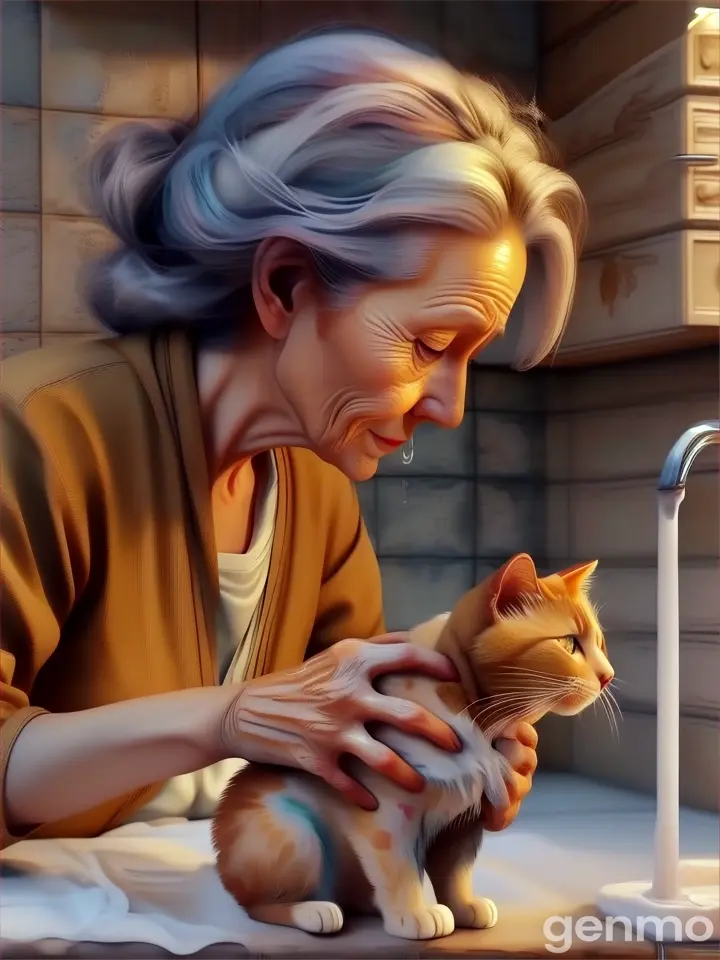 Woman and cat in a soft, loose watercolor style with drips and blended colors