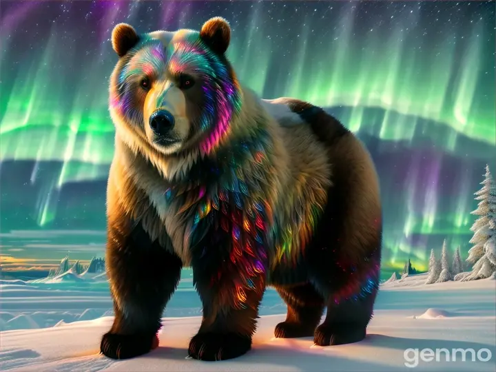 A bear with a coat that reflects the Northern Lights, offering protection and guidance through the polar nights with her luminous presence.