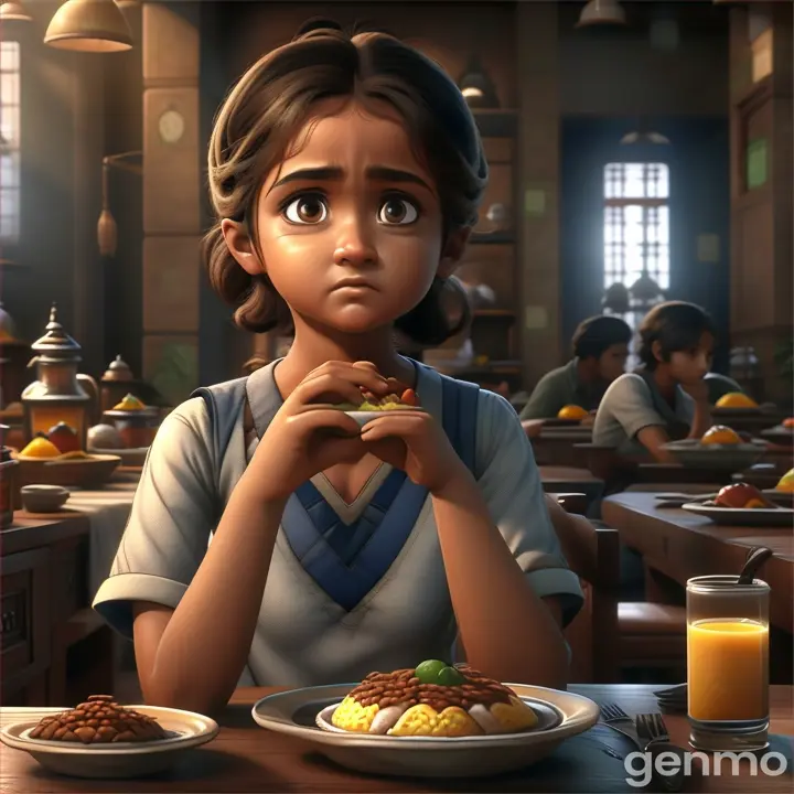 a young girl sitting at a table with a plate of food in front of her