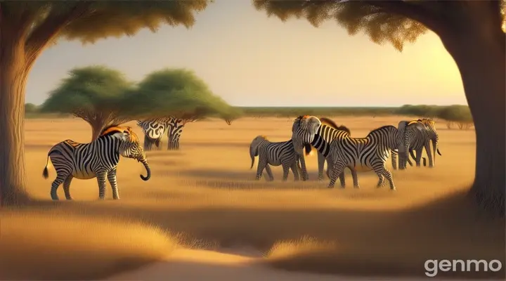 Savanna with zebras, giraffes, lions, antelopes, and elephants."3D cartoon 