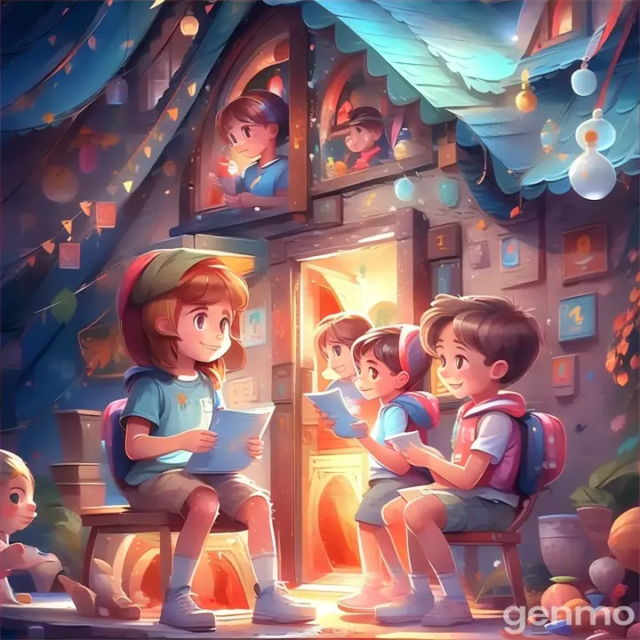 a boy and a girl sitting in front of a door