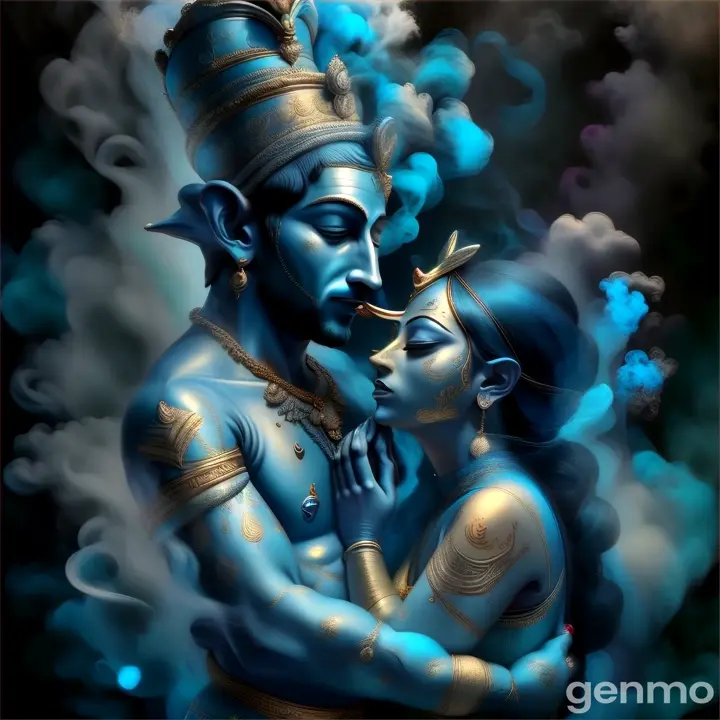 a painting of a man and a woman kissing