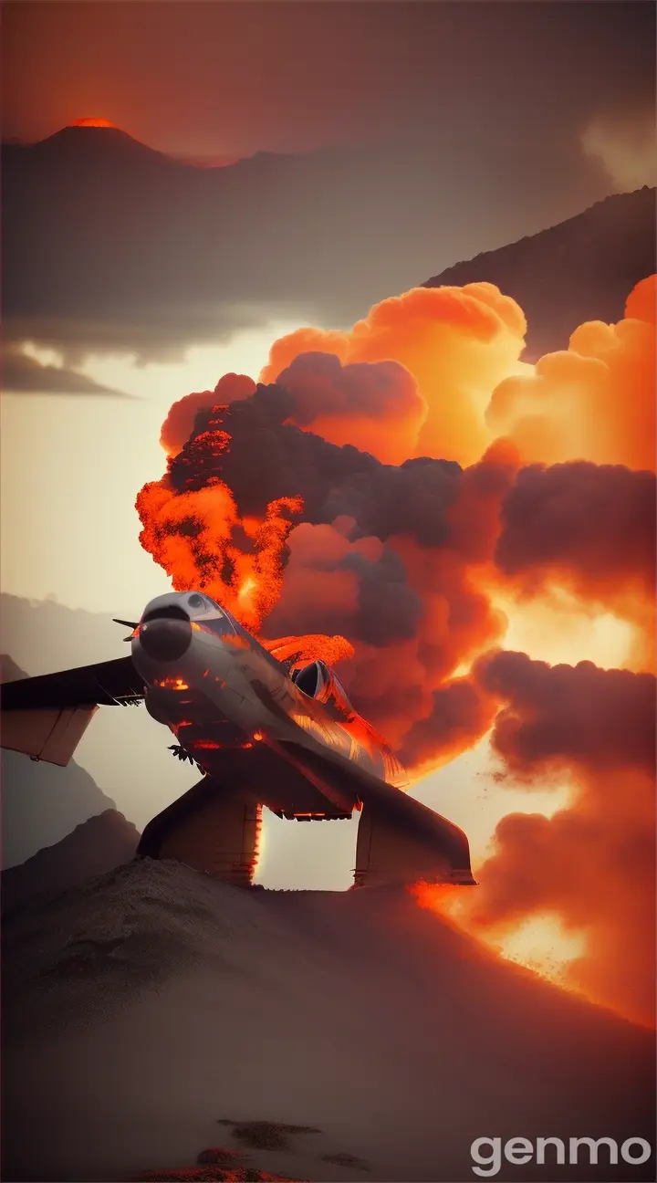 A fighter plane comes out of a volcano