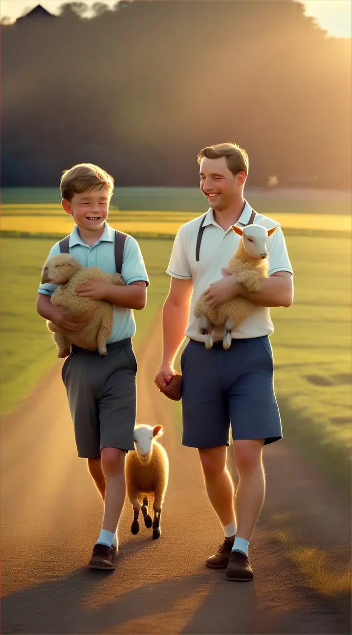 Show a father bringing home a little lamb, with two boys' eyes lighting up with joy.