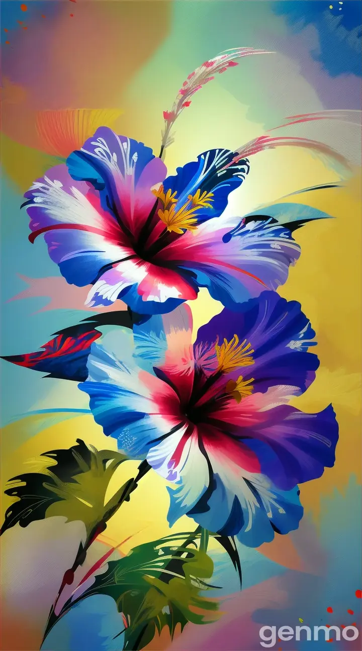 Drawing (brushstrokes with strokes, dashes, blots): three stems stylized Hibiscus flower against a background of blue sky and stylized sun with rays. On an abstract pop art background with spots and strokes in blue shades. High in the sky:: the sun. Рисунок (мазки со штрихами, черточками, кляксами): три стилизованных стебля Гибискус flower на фоне голубого неба и стилизованного солнца с лучами. На абстрактном фоне поп-арта с пятнами и штрихами в голубых оттенках. Высоко в небе: солнце.