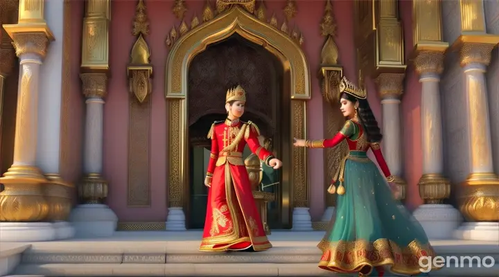 A grand palace entrance with detailed 3D rendering and vibrant colors, creating a rich and immersive environment. Show Princess Sunaina, a 14-year-old fair-skinned and beautiful princess, adorned in magnificent royal red attire, arriving with Prince Varun, a 16-year-old fair-skinned prince dressed in simple yet royal attire, . They are both shown with expressions of relief and joy.
