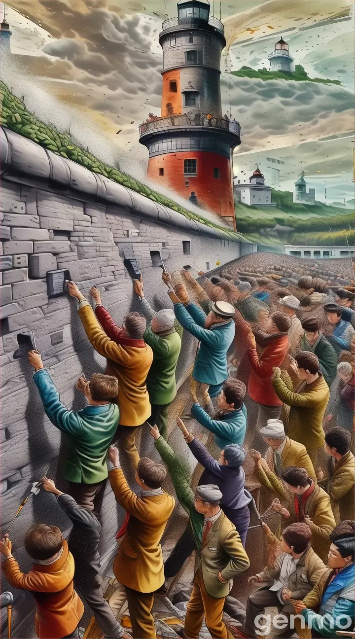 a painting of a crowd of people in front of a lighthouse