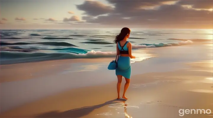 3d animation cartoon La femme atteint le rivage où l'océan s'étend à perte de vue.
Elle s'arrête et regarde l'horizon, hésitante mais résolue.
Le geste :

Après un moment de réflexion, la femme indien dépose doucement le conteneur de bebe sur le sable, face à l'océan.