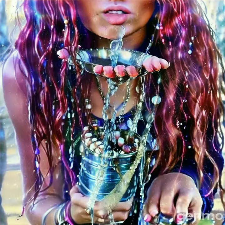 a woman with long red hair holding a bucket of water