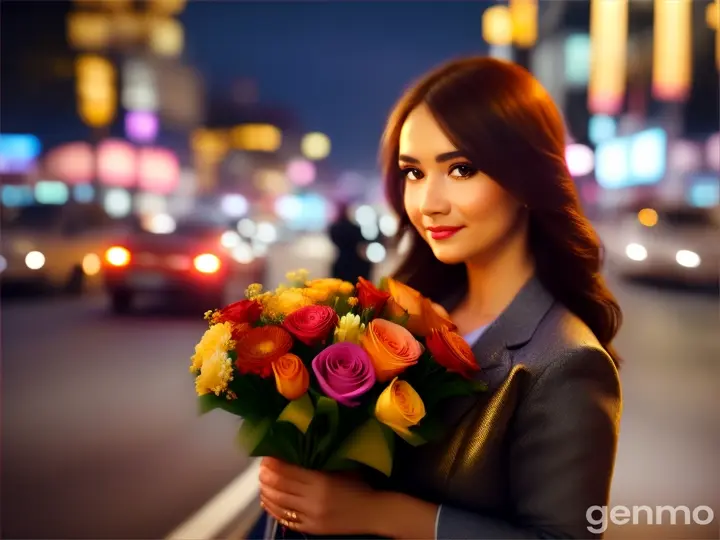 A woman holds a bouquet of flowers in the midst of an illuminated city nightscape, people and traffic blurred in motion