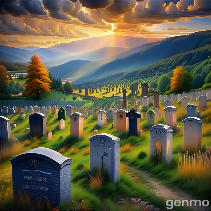 a painting of a cemetery at sunset