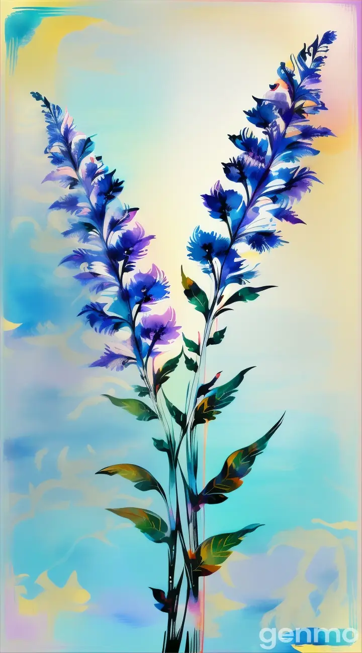 Drawing (brushstrokes with strokes, dashes, blots): three stems stylized Buddleja flower against a background of blue sky and stylized sun with rays. On an abstract pop art background with spots and strokes in blue shades. High in the sky:: the sun. Рисунок (мазки со штрихами, черточками, кляксами): три стилизованных стебля Буддлея flower на фоне голубого неба и стилизованного солнца с лучами. На абстрактном фоне поп-арта с пятнами и штрихами в голубых оттенках. Высоко в небе: солнце.