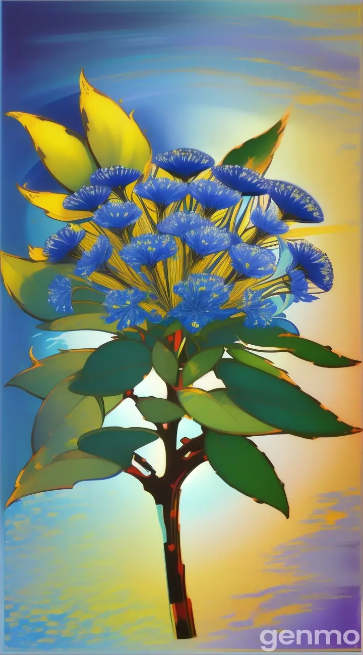 Drawing (brushstrokes with strokes, dashes, blots): three stems stylized Ceanothus flower against a background of blue sky and stylized sun with rays. On an abstract pop art background with spots and strokes in blue shades. High in the sky: yellow
 sun. Рисунок (мазки со штрихами, черточками, кляксами): три стилизованных стебля Цеанотус flower на фоне голубого неба и стилизованного солнца с лучами. На абстрактном фоне поп-арта с пятнами и штрихами в голубых оттенках. Высоко в небе: жёлтое солнце.
