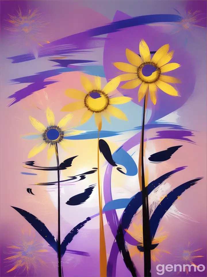 Drawing (brushstrokes with strokes, dashes, blots): three stems stylized nerium flower against a background of blue sky and stylized sun with rays. On an abstract pop art background with spots and strokes in violet shades. High in the sky: yellow
 sun. Рисунок (мазки со штрихами, черточками, кляксами): три стилизованных стебля олеандр flower на фоне голубого неба и стилизованного солнца с лучами. На абстрактном фоне поп-арта с пятнами и штрихами в голубых оттенках. Высоко в небе: солнце.
