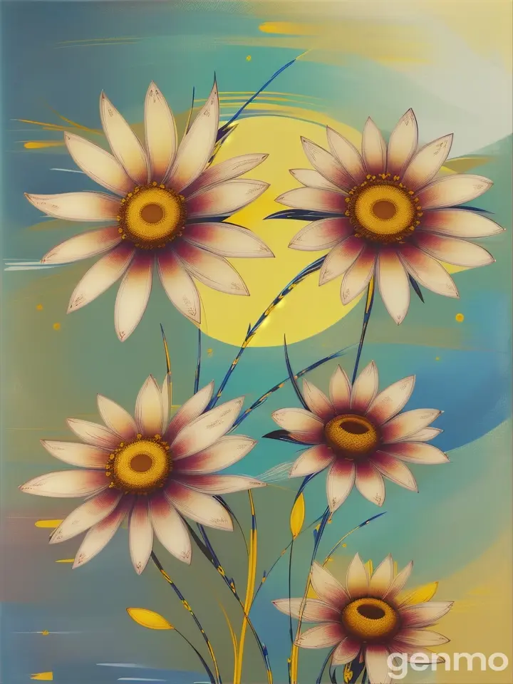 Drawing (brushstrokes with strokes, dashes, blots): three stems stylized nerium flower against a background of blue sky and stylized sun with rays. On an abstract pop art background with spots and strokes in 7277ff shades. High in the sky: yellow
 sun. Рисунок (мазки со штрихами, черточками, кляксами): три стилизованных стебля олеандр flower на фоне голубого неба и стилизованного солнца с лучами. На абстрактном фоне поп-арта с пятнами и штрихами в оттенках цвета 7277ff . Высоко в небе: солнце.

