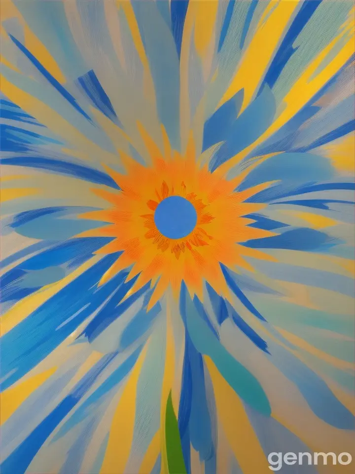 Drawing (brushstrokes with strokes, dashes, blots): three stems stylized nerium flower against a background of blue sky and stylized sun with rays. On an abstract pop art background with spots and strokes in 7277ff shades. High in the sky: yellow
 sun. Рисунок (мазки со штрихами, черточками, кляксами): три стилизованных стебля олеандр flower на фоне голубого неба и стилизованного солнца с лучами. На абстрактном фоне поп-арта с пятнами и штрихами в оттенках цвета 7277ff . Высоко в небе: солнце.

