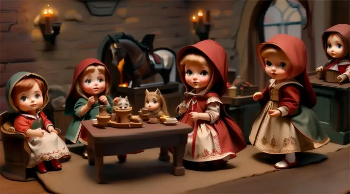 a group of little red riding on the back of a horse next to a table, baby dolls, beautiful, dolls are playing, dolls are smilling