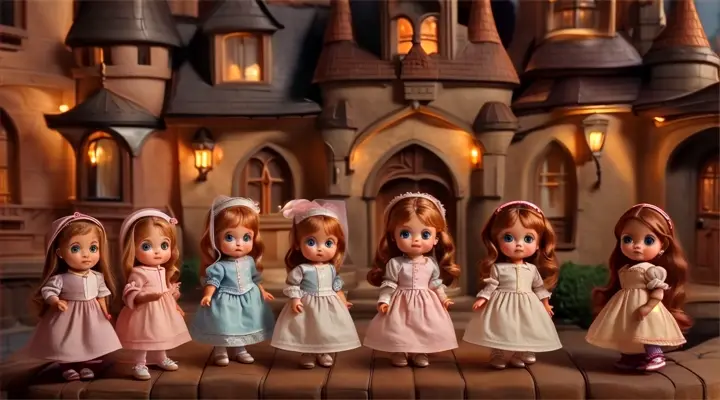a group of little girls standing next to each other in front of a castle, baby dolls, beautiful, dolls are playing, dolls are smilling