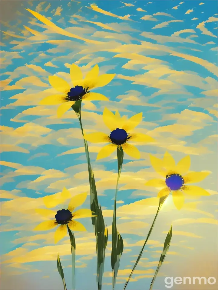 Drawing (brushstrokes with strokes, dashes, blots): three stems stylized Syrínga flower against a background of blue sky and stylized sun with rays. On an abstract pop art background with spots and strokes in 7277ff shades. High in the sky: yellow
 sun. Рисунок (мазки со штрихами, черточками, кляксами): три стилизованных стебля сирень flower на фоне голубого неба и стилизованного солнца с лучами. На абстрактном фоне поп-арта с пятнами и штрихами в оттенках цвета 7277ff . Высоко в небе: солнце.
