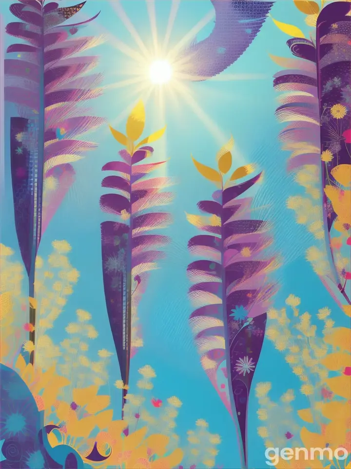 Drawing (brushstrokes with strokes, dashes, blots): three stems stylized Wisteria flower against a background of blue sky and stylized sun with rays. On an abstract pop art background with spots and strokes in 7277ff shades. High in the sky: yellow
 sun. Рисунок (мазки со штрихами, черточками, кляксами): три стилизованных стебля Глициния flower на фоне голубого неба и стилизованного солнца с лучами. На абстрактном фоне поп-арта с пятнами и штрихами в оттенках цвета 7277ff . Высоко в небе: солнце.

