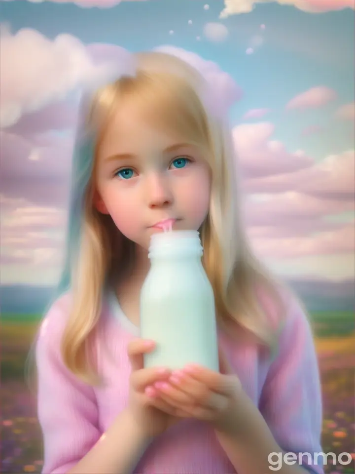 A blonde Teenage girl
 drinking milk from bottle in a pastel dreamland filled with clouds of cotton candy