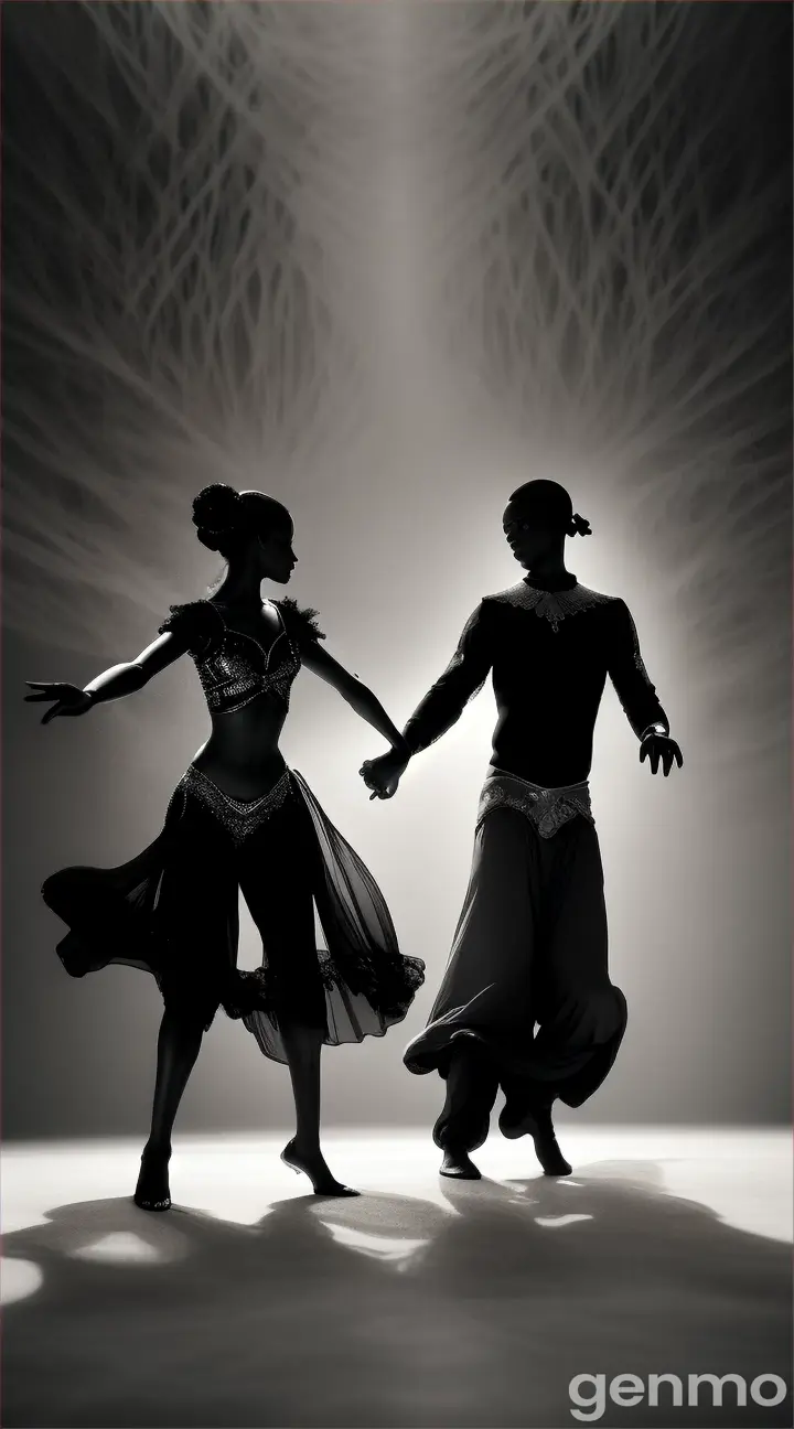 Two inky figures men and women  dance in an otherworldly, ethereal space, black and white background brown skinned 