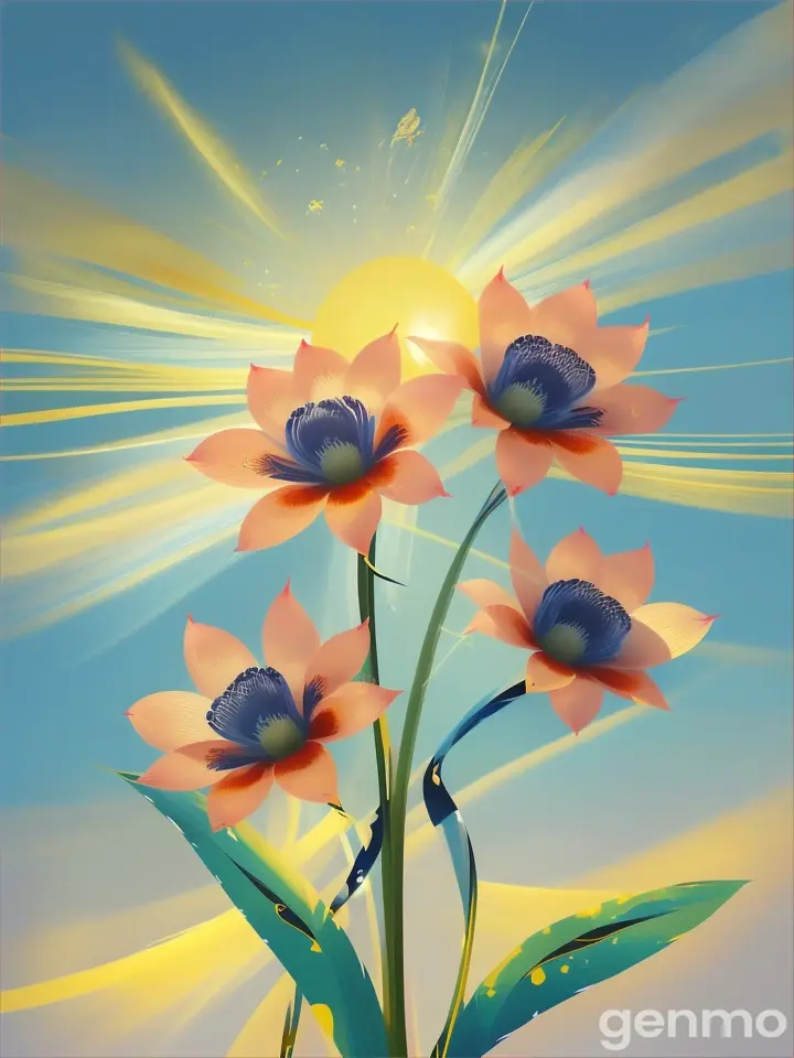 Drawing (brushstrokes with strokes, dashes, blots): three stems stylized Tapeinochilus ananassae flower against a background of blue sky and stylized sun with rays.  On an abstract pop art background with spots and strokes in 7277ff shades. High in the sky: yellow sun.
 sun. Рисунок (мазки со штрихами, черточками, кляксами): три стилизованных стебля тапейнохилус ананасный flower на фоне голубого неба и стилизованного солнца с лучами.  На абстрактном фоне поп-арта с пятнами и штрихами в оттенках цвета 7277ff . Высоко в небе: солнце.
