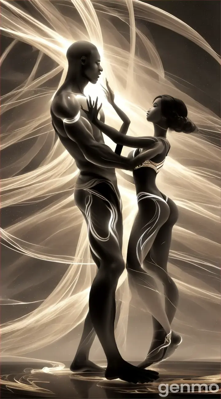 Two inky figures men and women  dance in an otherworldly, ethereal space, black and white background brown skinned  