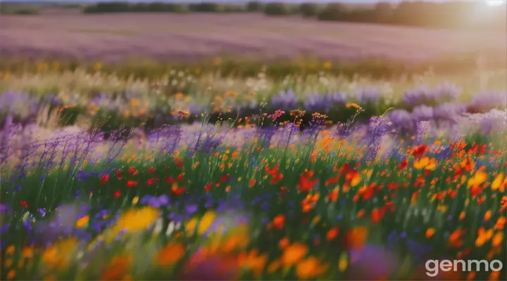 Immersive zoom  through a field of vibrant wildflowers at ground level