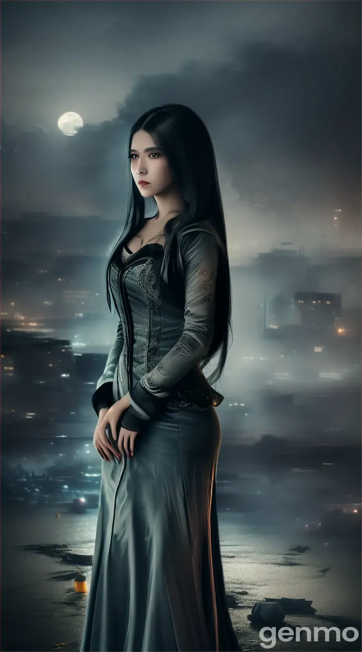 a cinematic ultra realistic of a desperate Jakarta female ghost in a flowing long dress, long black hair, in a dirty and worn out hoodie jacket and blue jeans standing on an empty damaged road, wrecked cars, buildings, fires, thick smokes, in the devastated Jakarta huge blast aftermath, moonlit foggy night, highly detailed