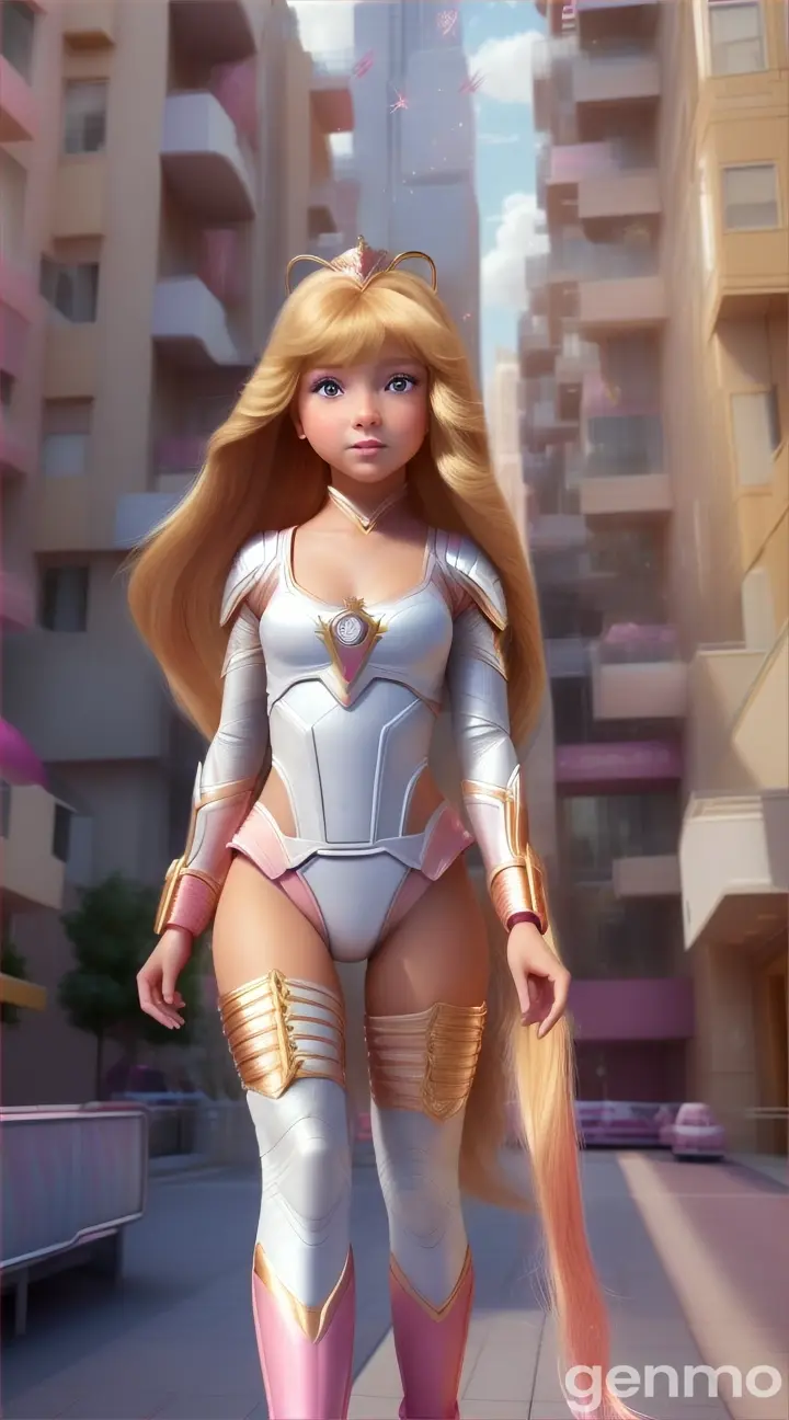 “Futuristic baby girl warrior princess with long golden brown straight hair, extremely cute and sweet, getting up the building like spiderman, 9:16 ratio in white and pink outfit, perfect and prominent features of the futuristic girl, professional perfect video, perfect animations and movements, unique Seed: 25120319792304x1280” please make the video perfect, the video should be 100% perfect professional video, like in hollywood superhero animation movies
