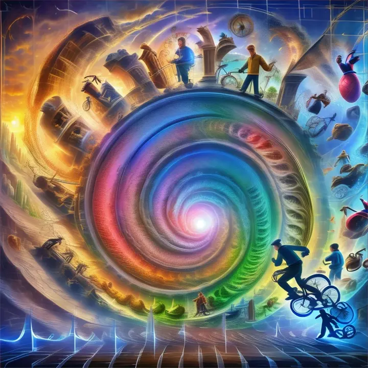 a man riding a bike next to a spiral of images of life to death, young to old