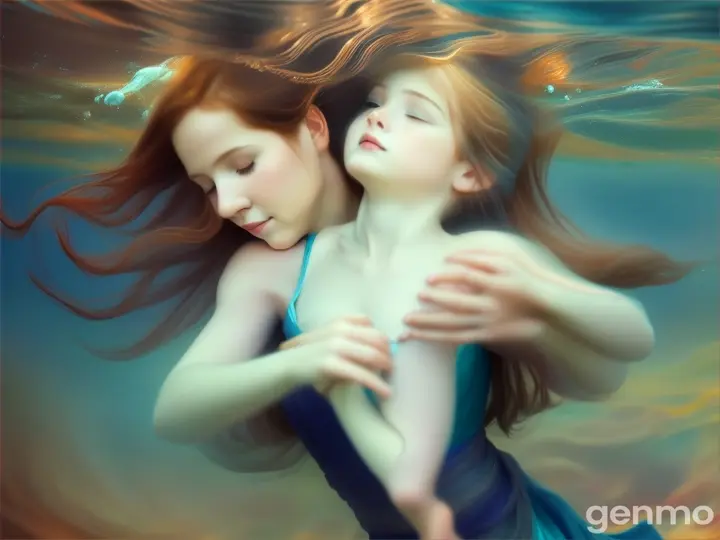 mother and child, dancing underwater,  digital painting, muted colors
