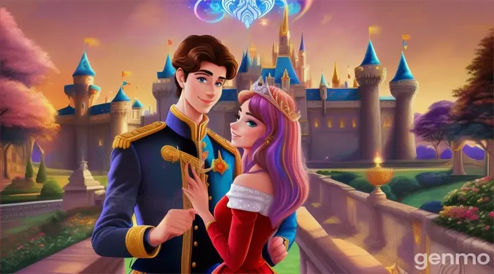 Cartoon very beautiful 25 years old prince atemt magic of very beautiful 20 years old girl in roya