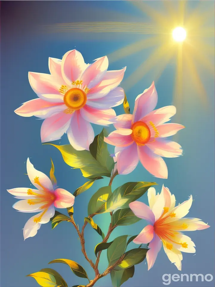 Drawing (brushstrokes with strokes, dashes, blots): three stems stylized Weigela flower against a background of blue sky and stylized sun with rays.  On an abstract  background with spots and strokes in 7277ff shades. High in the sky: yellow sun.
 sun. Рисунок (мазки со штрихами, черточками, кляксами): три стилизованных стебля Вейгела-flower на фоне голубого неба и стилизованного солнца с лучами.  На абстрактном фоне с пятнами и штрихами в оттенках цвета 7277ff . Высоко в небе: солнце.
