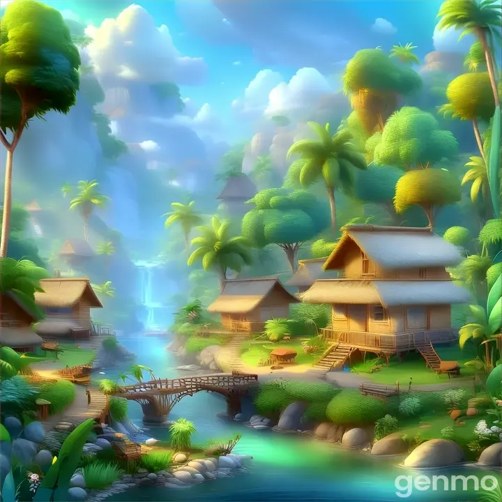 a small village nearby a jungle    3D animation cartoon 