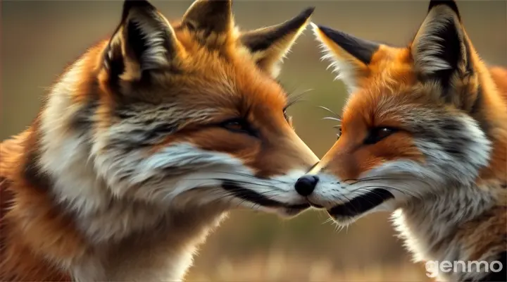 Two foxes face to face looking at each other in surprise