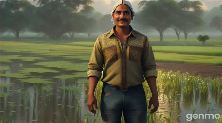 The man was sure that this rain would bring new life to his fields. /In the village. / In the jungle. /India 3D Character.”