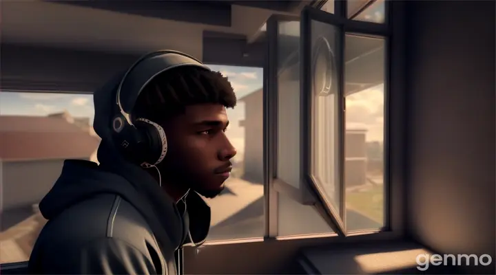 Create an illustration of Marcus, a young Black man with a street-wise appearance, camera looking into a window from outside seeing black African American manly male in his 20s, wearing hood streetwear, with headphones gazing out the window while in the window of his bedroom contemplating life, in a heavily shaded 3d realism art style