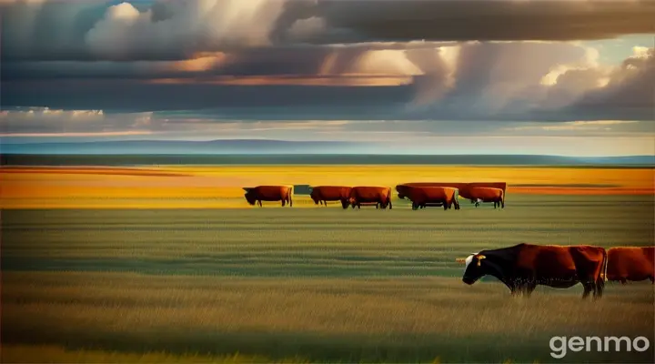 Vast prairie, herds of cattle and sheep, summer breeze.