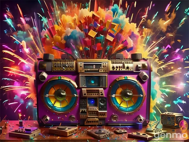 a boombox with fireworks in the background