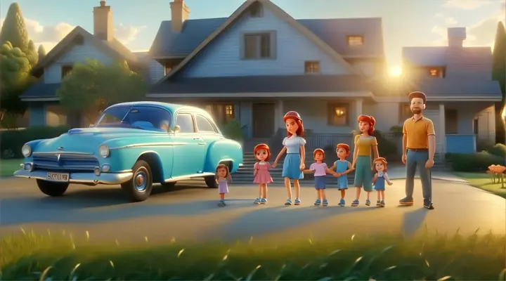 a family of three standing in front of a blue car